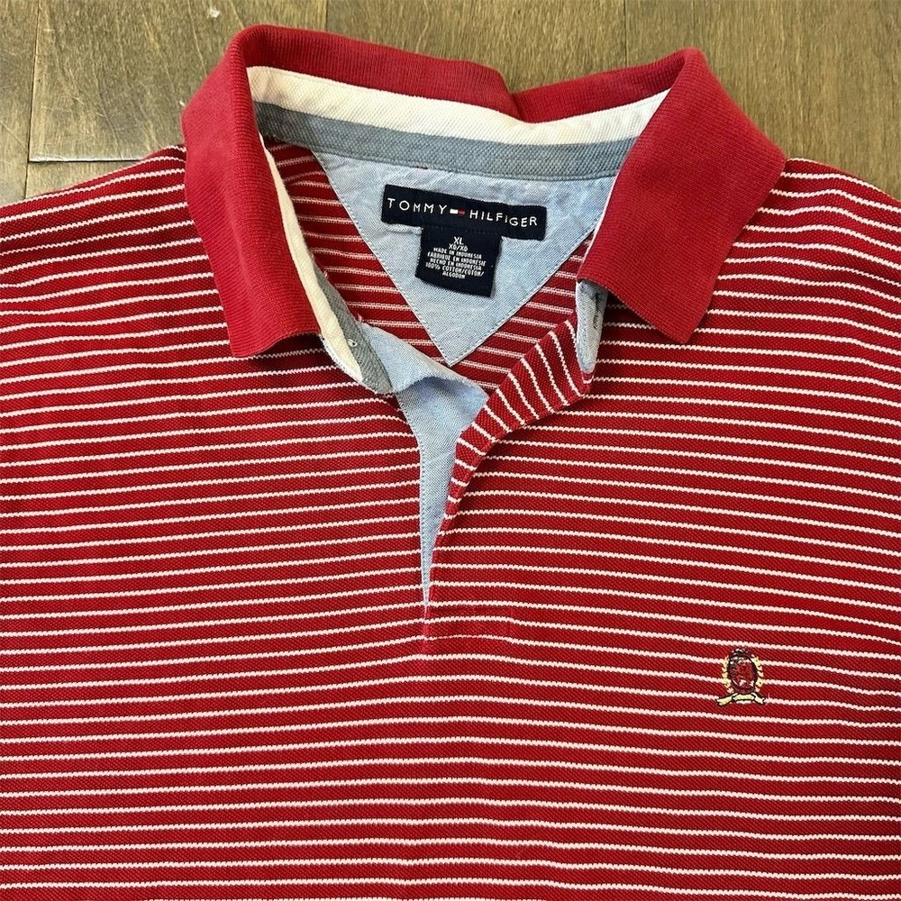 Vintage Tommy Hilfiger Men's XL‎ Red Striped Short Sleeve Polo Shirt